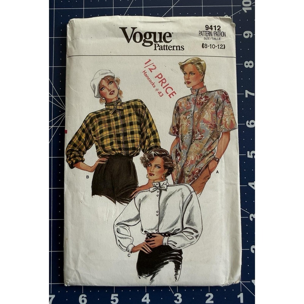 Vogue Pattern 9412 Misses' Loose-Fitting Blouse w Collar/ Sleeve Variations 8-12